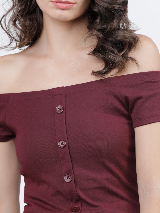 Tokyo Talkies Women Burgundy Solid Regular Tops 