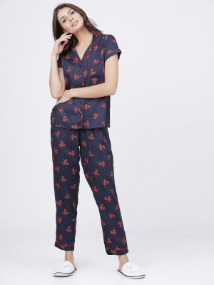 Navy Blue/Red Printed Shirt With Lounge Pant