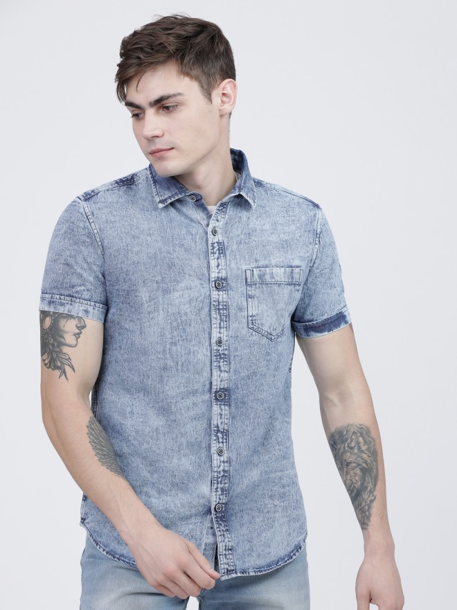 Buy Locomotive Blue Slim Fit Solid Casual Shirt for Men Online at Rs ...