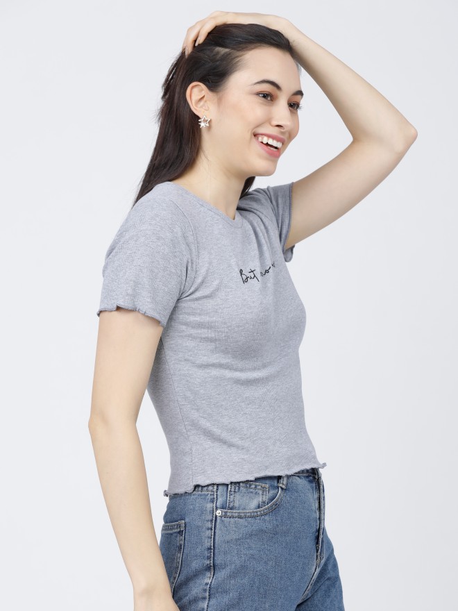 Tokyo Talkies Women Grey Printed Regular Tops 