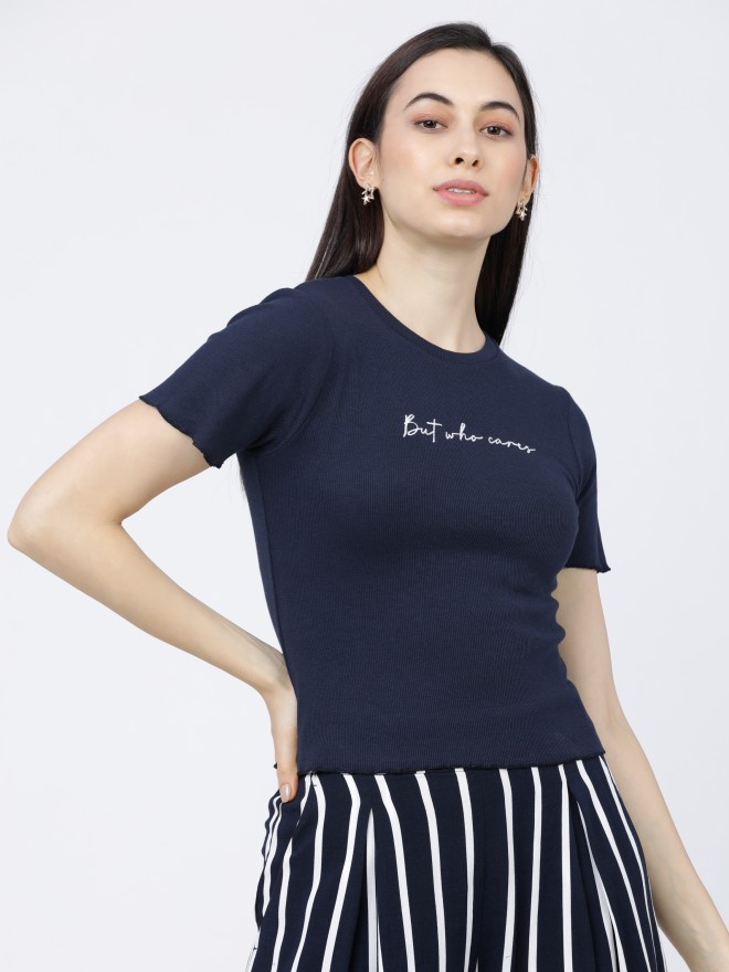 Tokyo Talkies Women Navy Blue Printed Regular Tops 