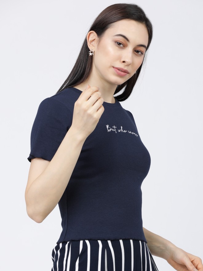 Tokyo Talkies Women Navy Blue Printed Regular Tops 