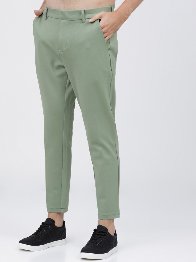Rare Rabbit Men's Scotch Green Solid Mid-Rise Regular Fit Trouser
