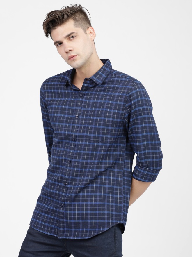 Buy Ketch Navy Blue/Blue Slim Fit Checked Casual Shirt for Men Online ...