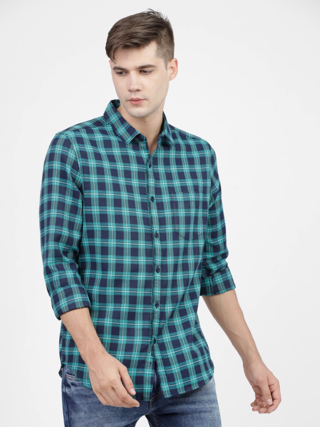 Buy Ketch Navy Blue & Green Slim Fit Checked Casual Shirt for Men ...