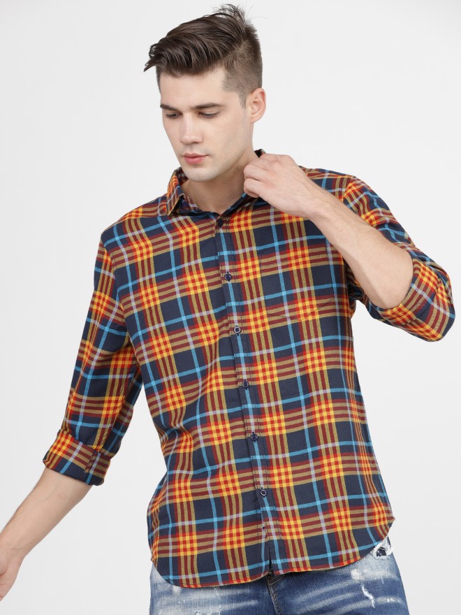 Buy Ketch Navy Blue & Orange Slim Fit Checked Casual Shirt for Men ...
