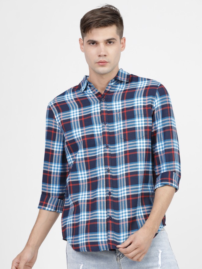 Buy Ketch Navy Blue/Blue Slim Fit Checked Casual Shirt for Men Online ...