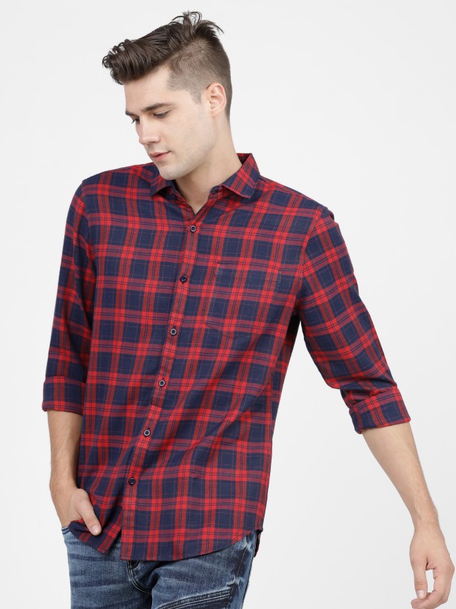 Buy Ketch Navy Blue & Red Slim Fit Checked Casual Shirt for Men Online ...