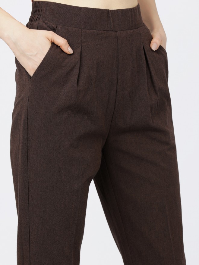 Tokyo Talkies Women Brown Solid Flared Casual Trousers