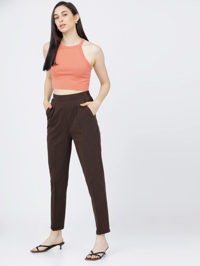 Tokyo Talkies Women Brown Solid Flared Casual Trousers