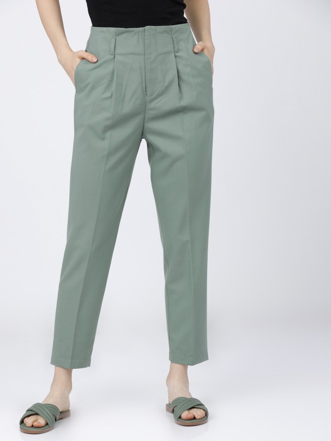 Buy Olive Green Cotton Flax Elasticated Mid-Rise Tapered Pant Online at  SeamsFriendly