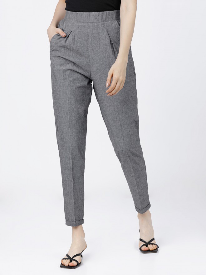 Grey Melange Aop Checked Tapered Trousers