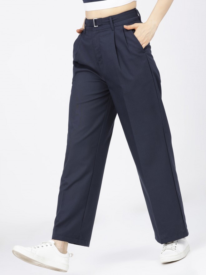 Ladies Navy Blue Work Trousers | Straight Leg Trousers Womens – Salonwear