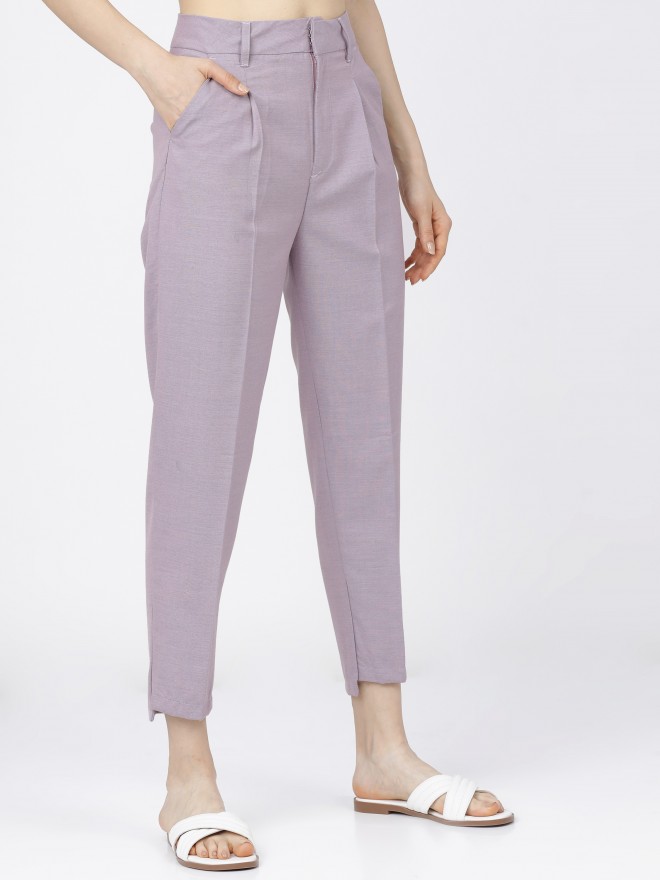 Popwings Regular Fit Lavender Solid Midrise Trouser for Women