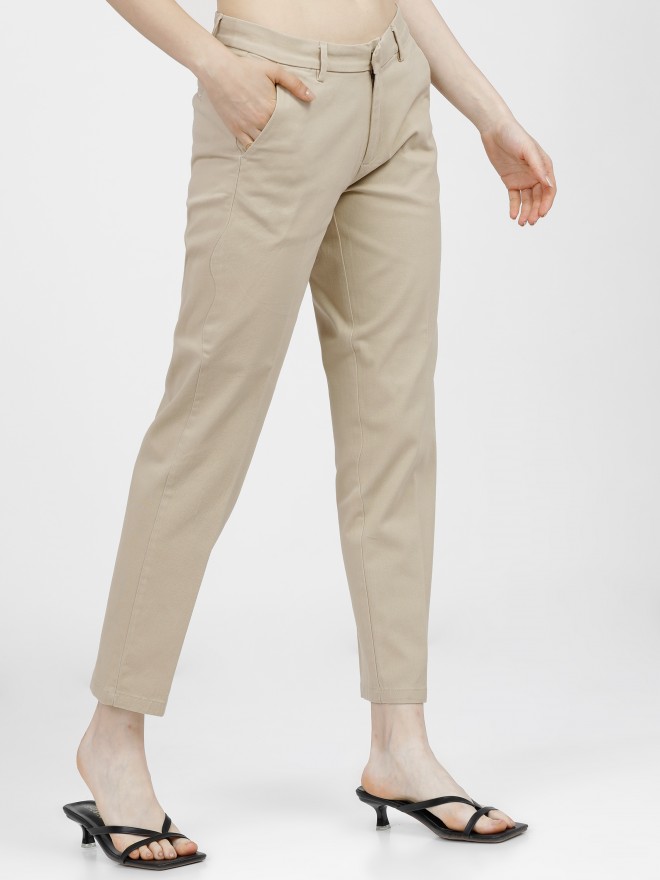 Tokyo Talkies Women Beige Solid Tapered Fit Casual Trousers