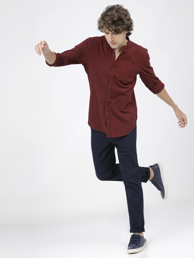 Ketch Men Maroon Solid Slim Fit Casual Shirts 