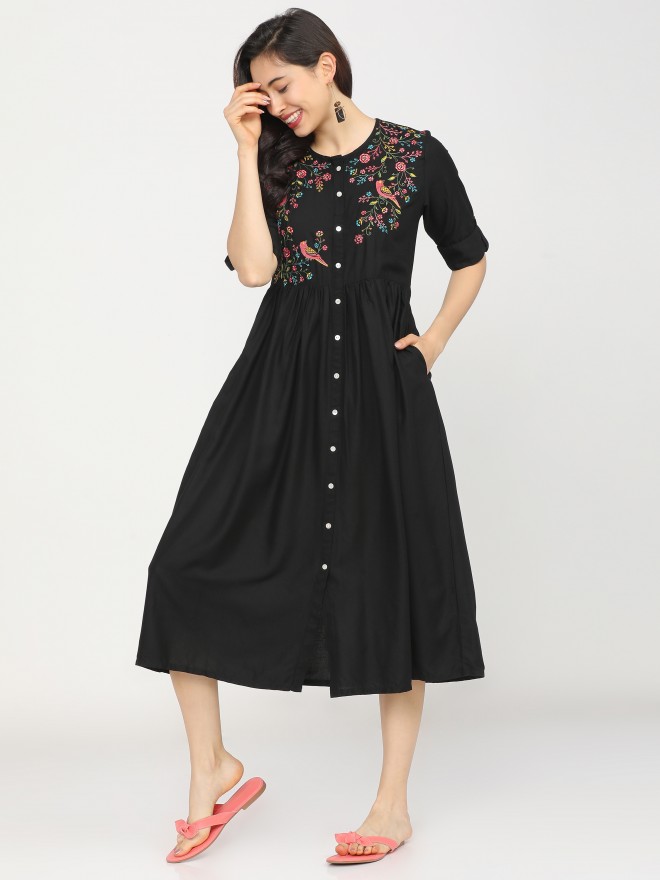 Buy Vishudh Black Printed Curved A-Line Dress for Women Online at Rs ...