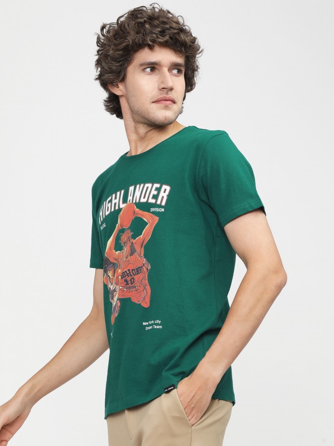 Highlander Men Green Printed Round Neck T-Shirts 