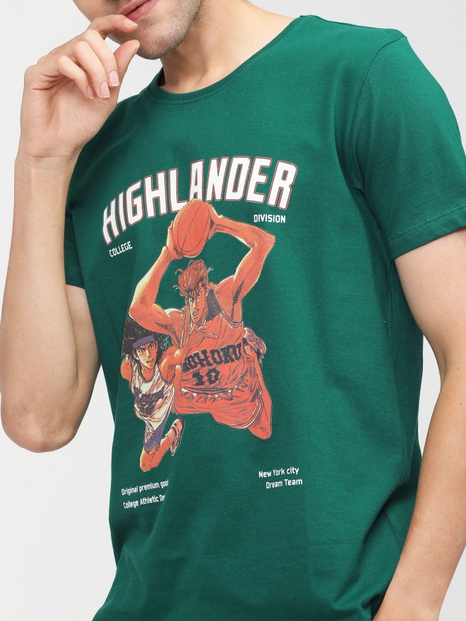 Highlander Men Green Printed Round Neck T-Shirts 