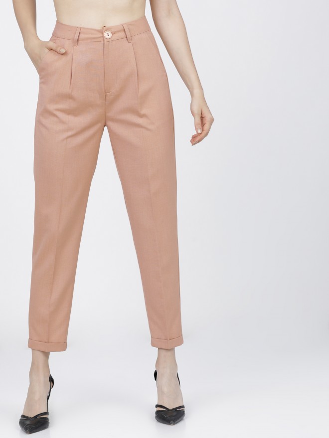 Tokyo Talkies Women Beige Solid Tapered Fit Casual Trousers