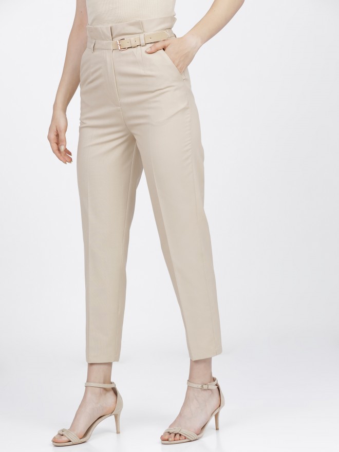 Buy Tokyo Talkies Beige Ankle Length Trouser With Belt for Women Online ...