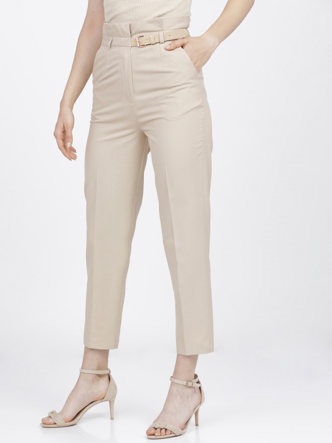 Buy Tokyo Talkies Beige Ankle Length Trouser With Belt for Women Online ...