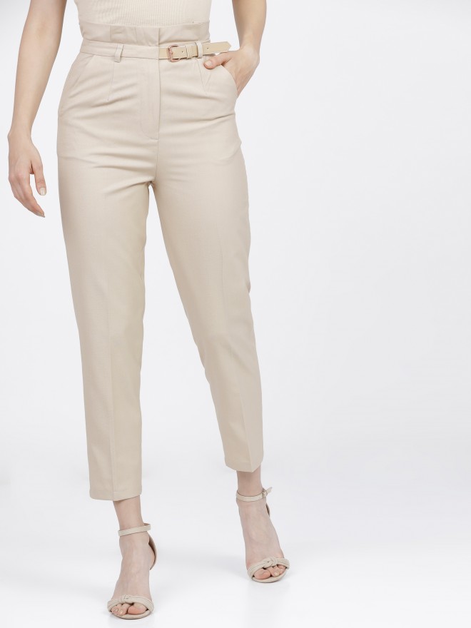 Buy KATLINE for Women Regular Fit Cream Beige Colored Cotton Lycra Blend  Cigarette Trousers Pack of 2 Combo Set at Amazonin