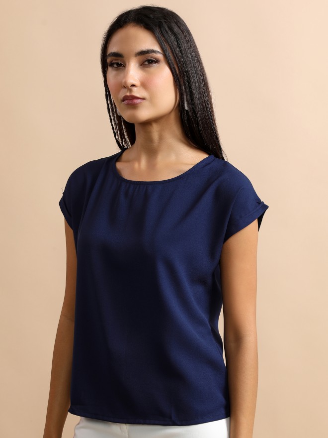 Tokyo Talkies Women Blue Solid Blouson Tops 