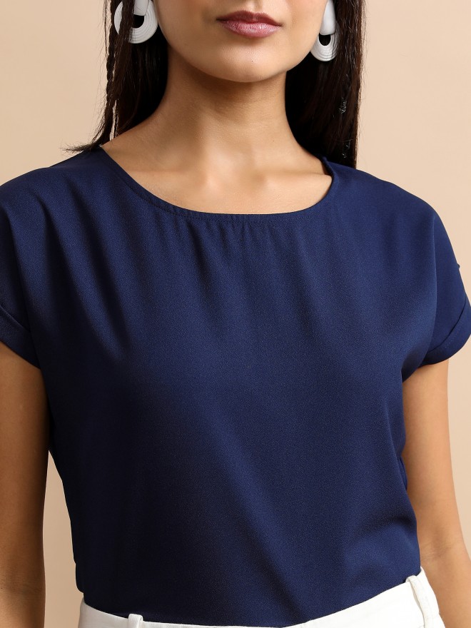 Tokyo Talkies Women Blue Solid Blouson Tops 