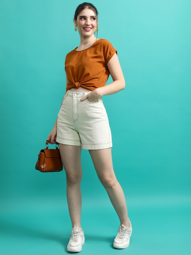 Tokyo Talkies Women Orange Solid Blouson Tops 