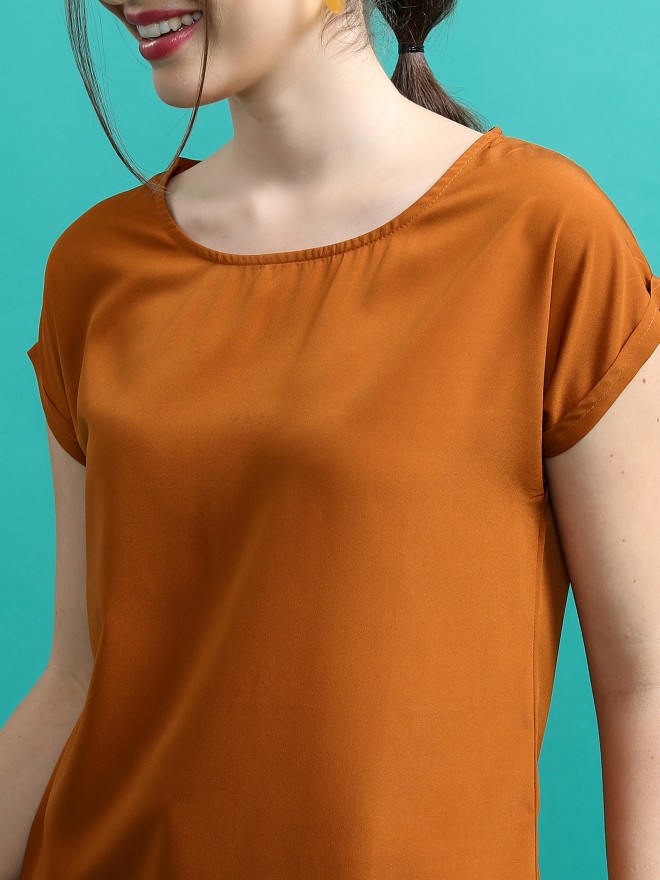 Tokyo Talkies Women Orange Solid Blouson Tops 