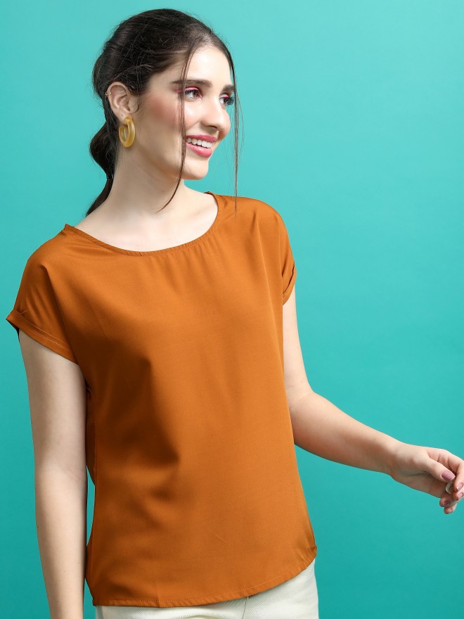 Tokyo Talkies Women Orange Solid Blouson Tops 