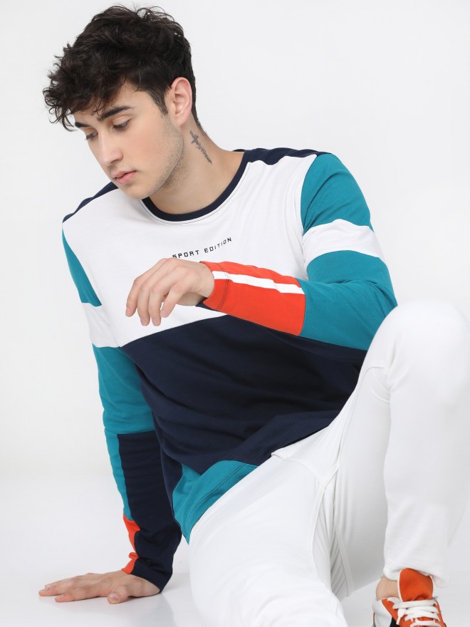 Buy Locomotive Navy Blueteal Colourblocked Round Neck Cotton T Shirt For Men Online At Rs449 7387