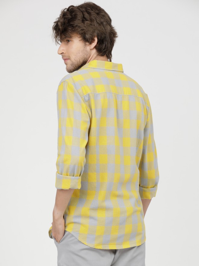 Highlander Men Yellow Checked Slim Fit Casual Shirts 