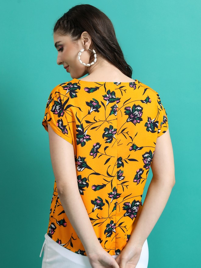 Tokyo Talkies Women Mustard Printed Blouson Tops 