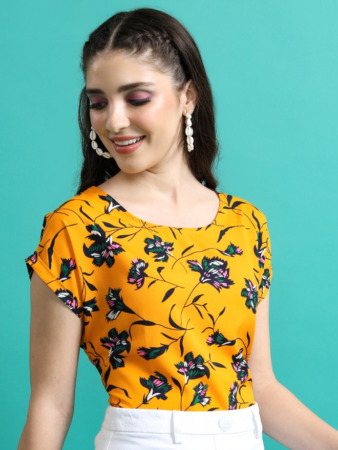 Tokyo Talkies Women Mustard Printed Blouson Tops 