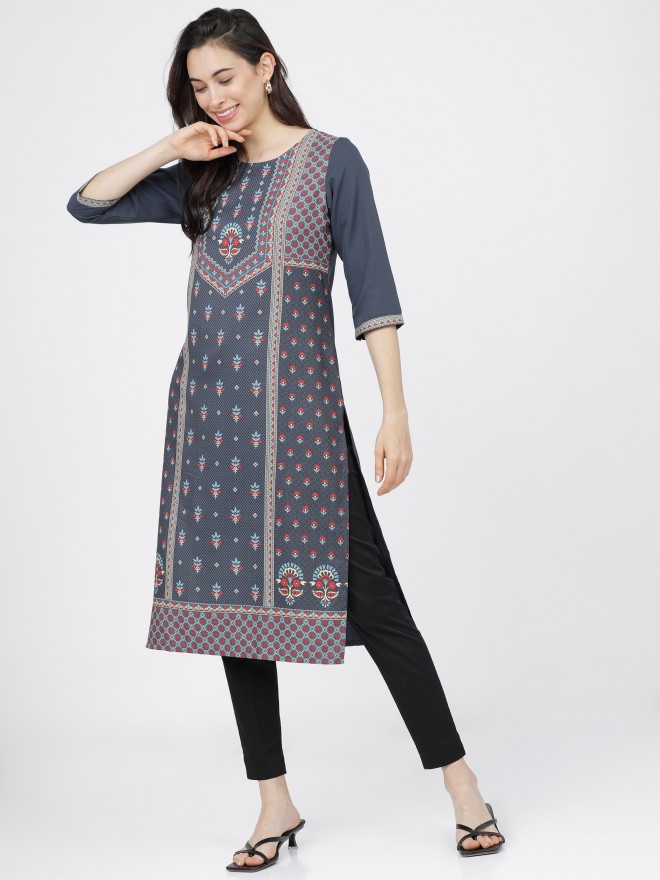 Ketch Women Grey Printed Straight Kurtas 