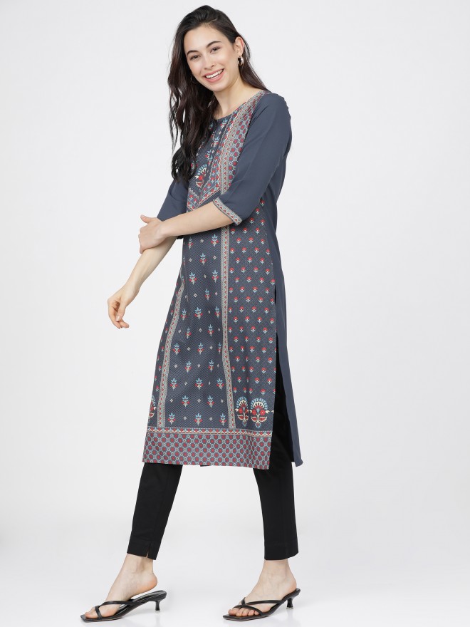 Ketch Women Grey Printed Straight Kurtas 