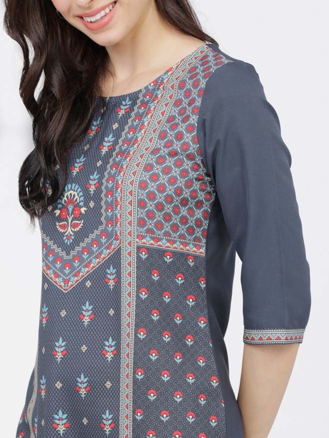 Ketch Women Grey Printed Straight Kurtas 