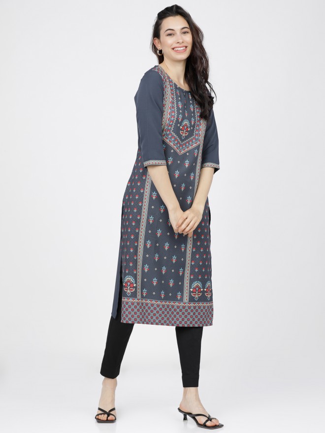 Ketch Women Grey Printed Straight Kurtas 