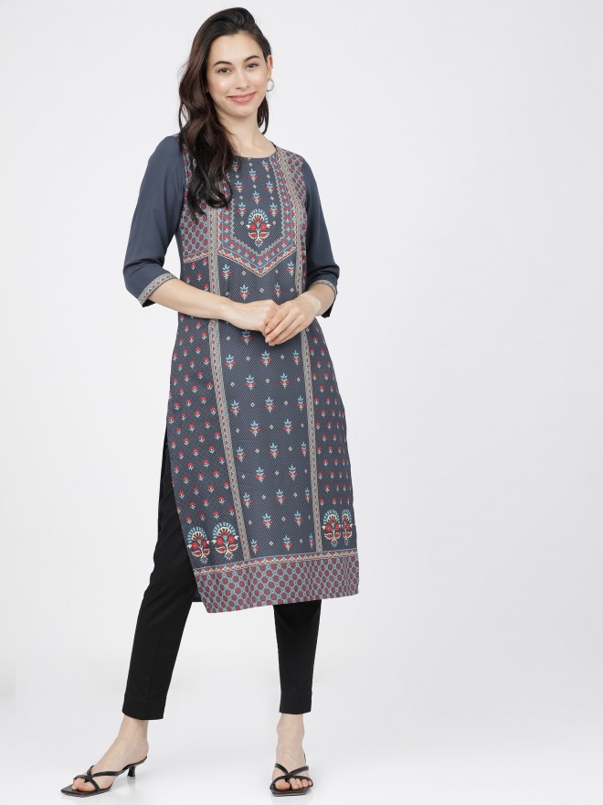 Ketch Women Grey Printed Straight Kurtas 