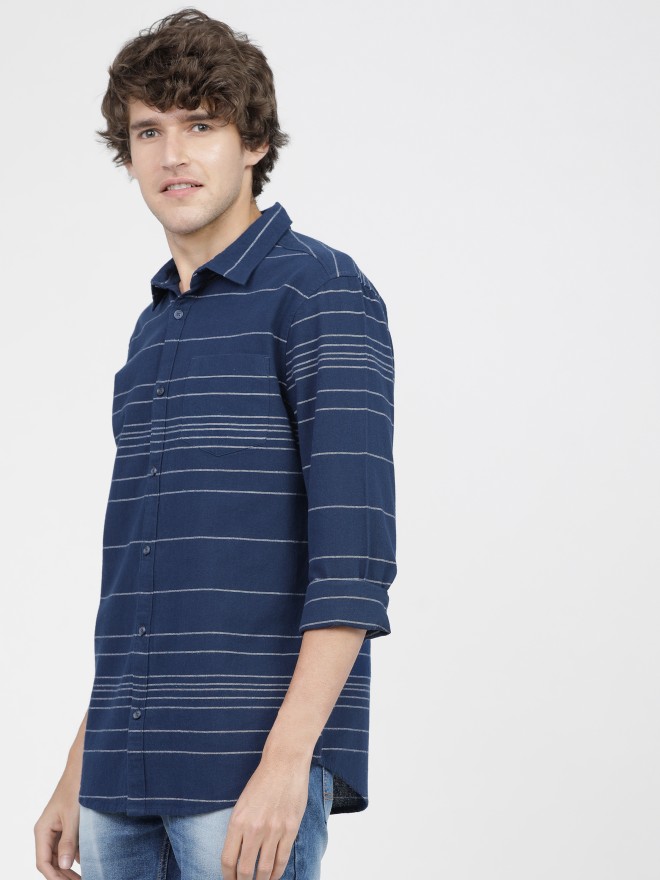 Highlander Men Navy Blue Striped Slim Fit Casual Shirts 