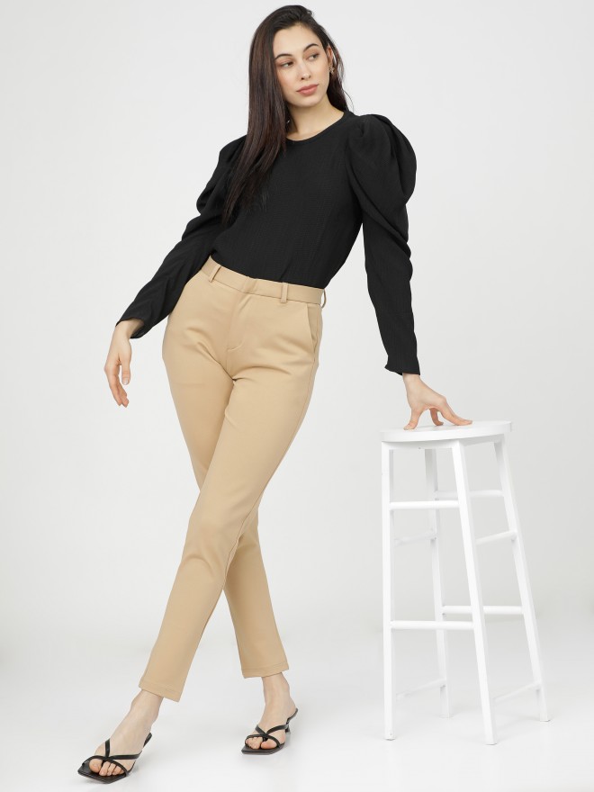 Tokyo Talkies Women Beige Solid Tapered Fit Casual Trousers