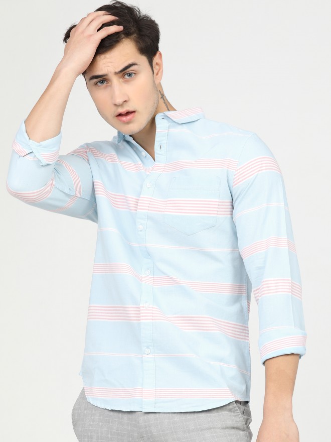Buy Highlander Aqua Blue/Pink Slim Fit Striped Casual Shirt for Men ...
