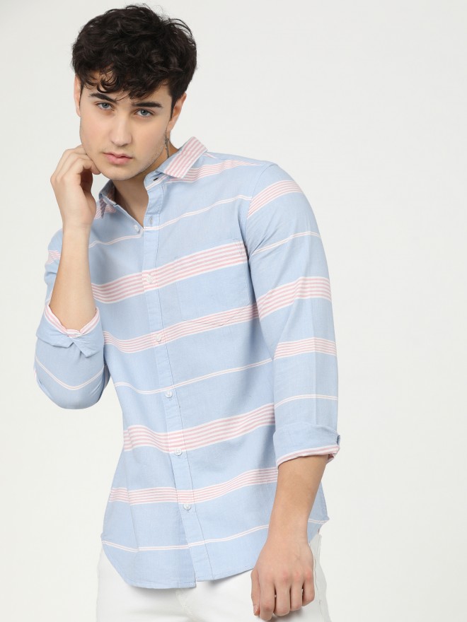 Buy Highlander Blue/Pink Slim Fit Striped Casual Shirt for Men Online ...