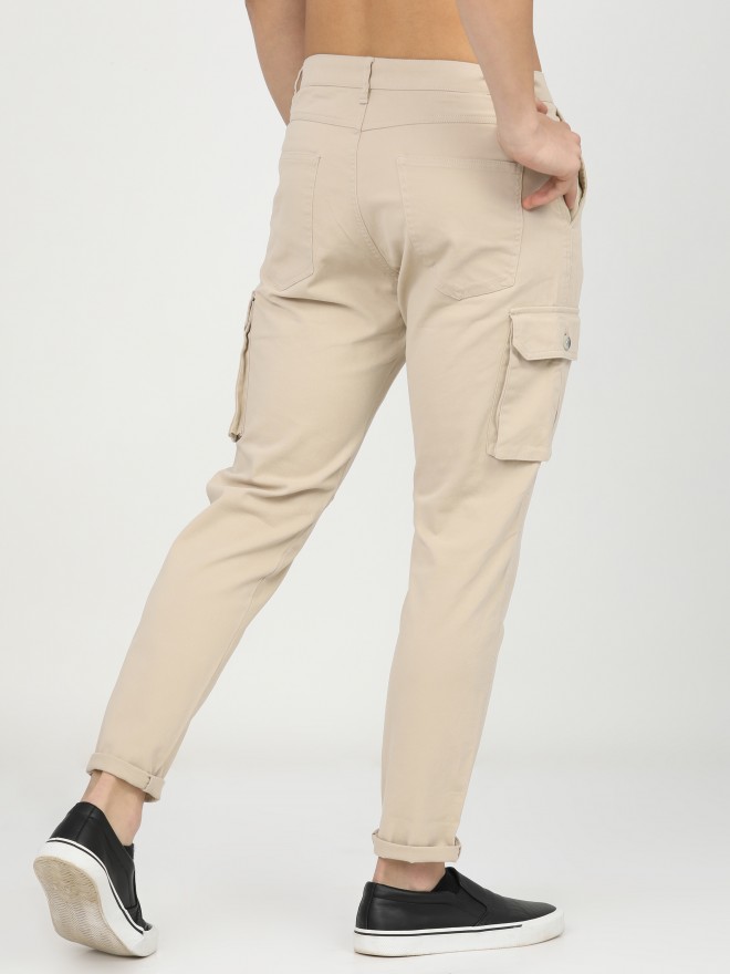 Highlander Men Beige Slim Fit Solid Casual Trousers Cargos 