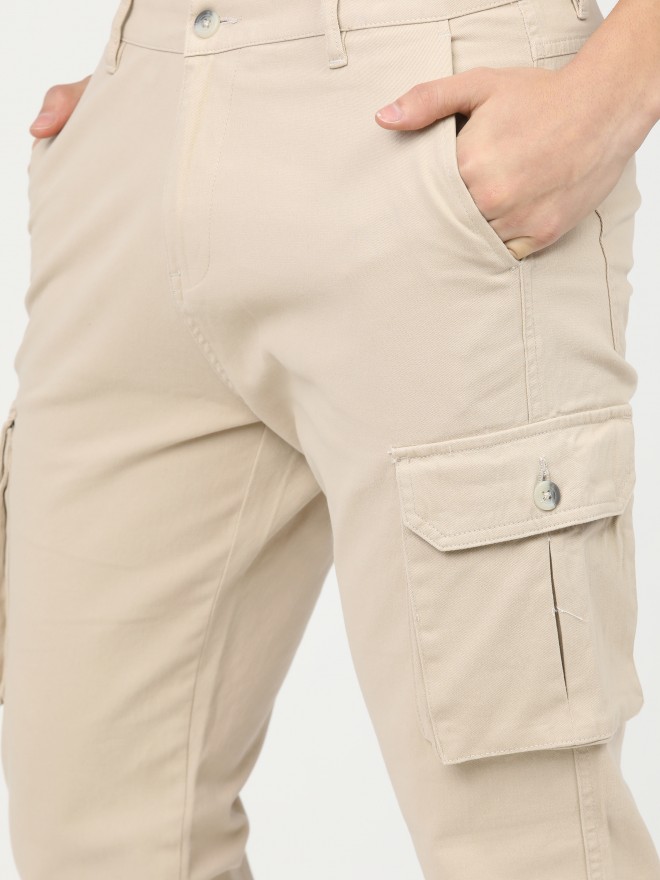 Highlander Men Beige Slim Fit Solid Casual Trousers Cargos 