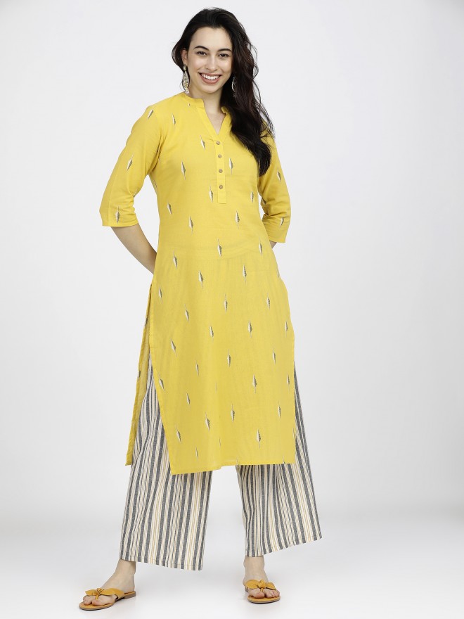 Buy Vishudh Yellow Ethnic Motifs Printed Straight Kurta with Palazzo ...