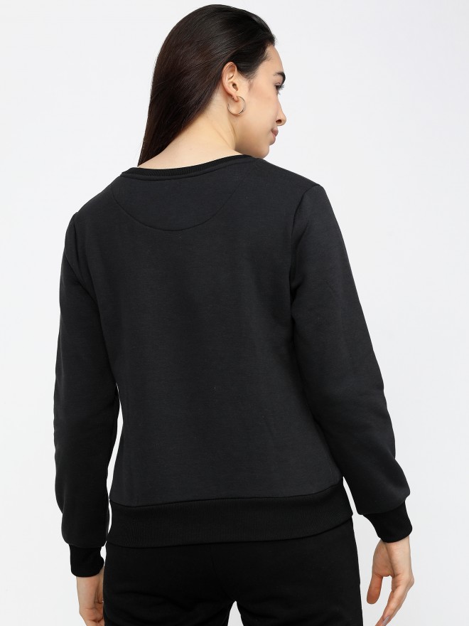 Women Black Solid Round Neck Sweatshirt