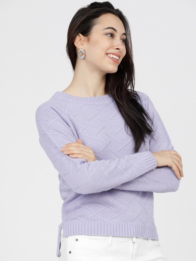 Buy Tokyo Talkies Lavender Round Neck Solid Sweater for Women